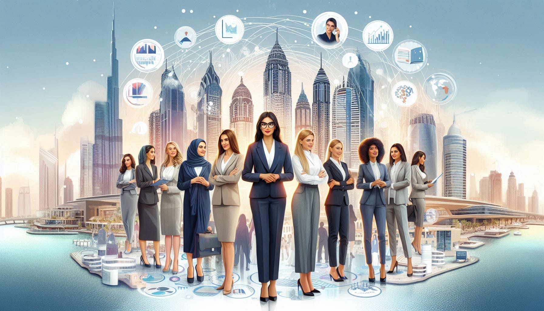 An inspiring digital illustration showcasing a group of diverse and successful female entrepreneurs in Dubai